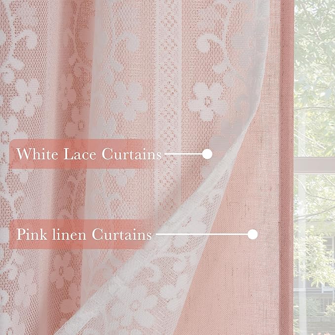 PONY DANCE Linen Pink Short Curtains for Living Room, Farmhouse Thermal Insulated Room Darkening Curtains, Double Layer Curtain for Girls' Bedroom, 29W x 36L, Blush Pink, 2 Panels