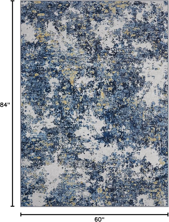 Area Rug Living Room Rugs: 5x7 Washable Rug with Anti-Slip Backing Non-Shedding Stain-Resistant Foldable Modern Abstract Carpet for Bedroom Dining Room Nursery Home Office (Blue/Multi)