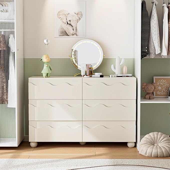Anbuy Begie Scalloped Dresser for Bedroom with 6 Drawers, 47" Wide Modern Chest of Drawers with Hidden Handle, Wooden Dresser, Fluted Wood Closet Clothes Storage Organizer for Living Room, Hallway