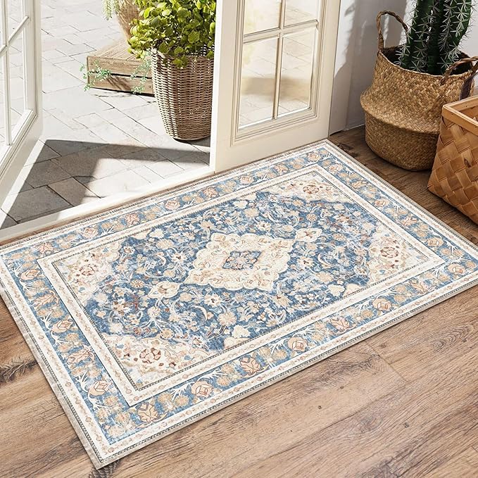 Vhong Boho Area Rugs Washable Vintage Modern Neutral Small Carpet Blue 2×3 High Traffic Rugs Doormat for Bathroom Kitchen Entryway Non Slip