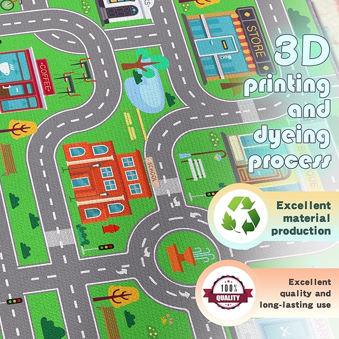 Play Rug for Playroom 59"x39" Car Mat Town City Road Map for Bedroom Fun Car Play Area Carpet Non-Slip Washable
