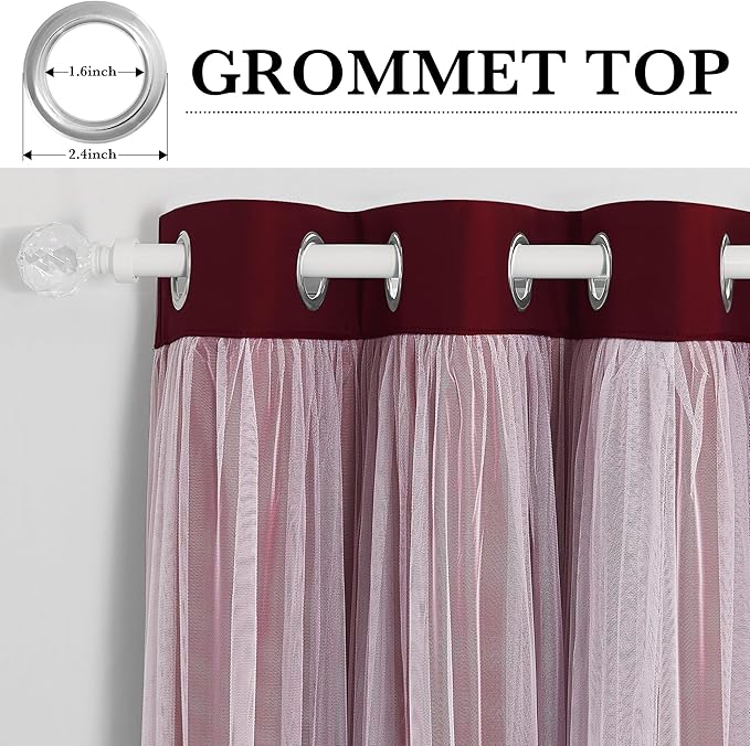 PONY DANCE Sheer Overlay Blackout Curtains - Room Darkening Curtains and Sheer Layered, Grommet Draperies for Living Room Window Decoration with Extra Tiebacks (W52 x L84 inch, Red, Set of 2)