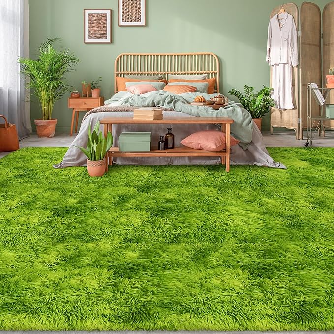 Soft Fluffy Grass Green Area Rug 8x10 for Bedroom Living Room Thick Plush Shaggy Rug Large Green Shag Carpet for Kids Room Dorm Baby Nursery Indoor Decor Aesthetic