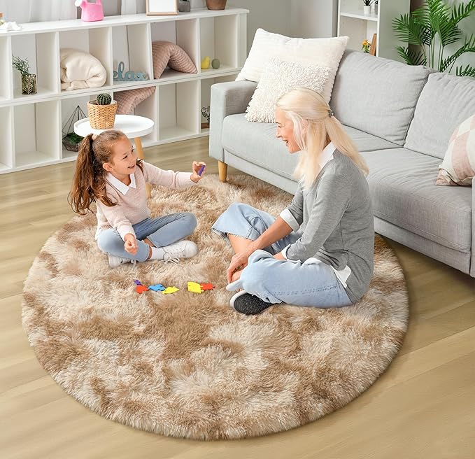 EVOIONOS Tie-Dyed Camel Round Rug for Bedroom, 4x4 Ft Fluffy Soft Circle Area Rugs for Living Room, Plush Shaggy Circular Carpet for Indoor Floor Bedside Kids Nursery, Home Decor Aesthetic