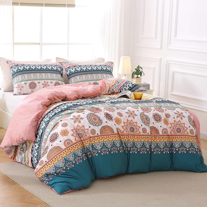 MUXHOMO Duvet Cover Full Size Floral Duvet Cover Set with Zipper Closure, Boho Flower Bedding Set, 3 Pieces, 1 Duvet Cover 80"x90" with 4 Corner Ties and 2 Pillowcases 20"x26"