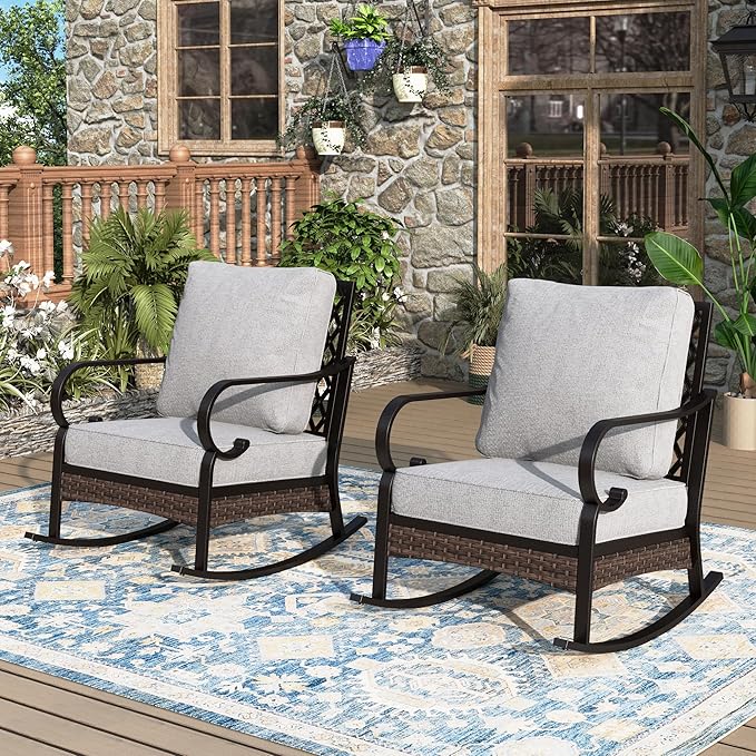 Outdoor Patio Rocking Sofa Chairs Set of 2 Steel Frame Porch Furniture with Deep Seating and 5.75" Cushions for Lawn Backyard Deck, Light Grey
