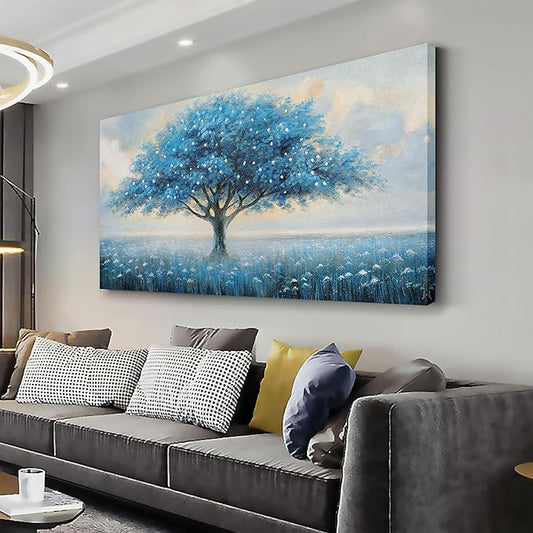 Glvzygy Blue Tree of Life Wall Art Abstract Modern Artwork Canvas Painting Textured Tree Pictures Wall Decor Home Decor Wall Ready to Hang for Bedroom Living Room Size 20"x40"