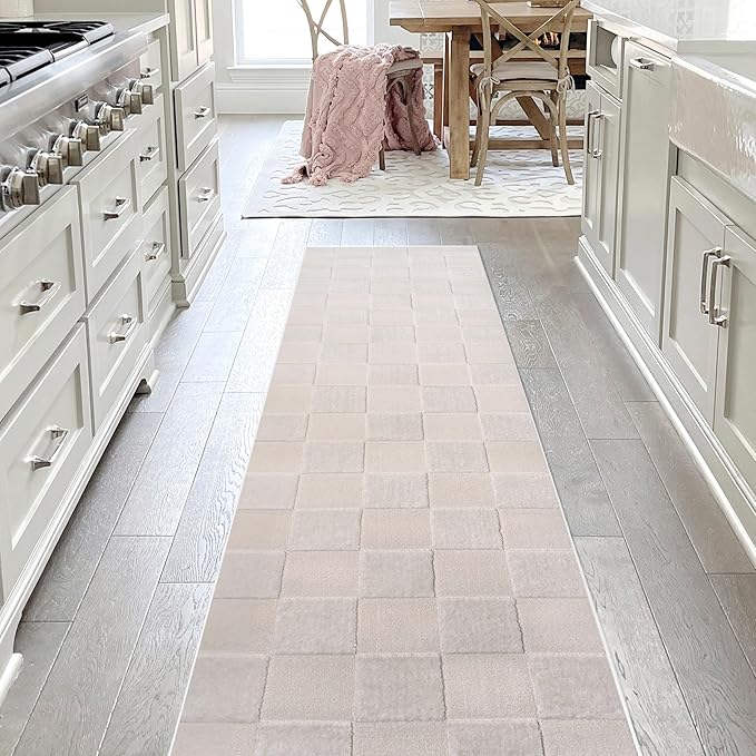 JONATHAN Y Checkerboard High-Low Runner Rug 2X8 White/Cream, Thea Modern Geometric for Living Room, Bedroom, Kitchen, Office, Easy-Cleaning, High Traffic, Pet-Friendly, Non-Shedding SND103B-28