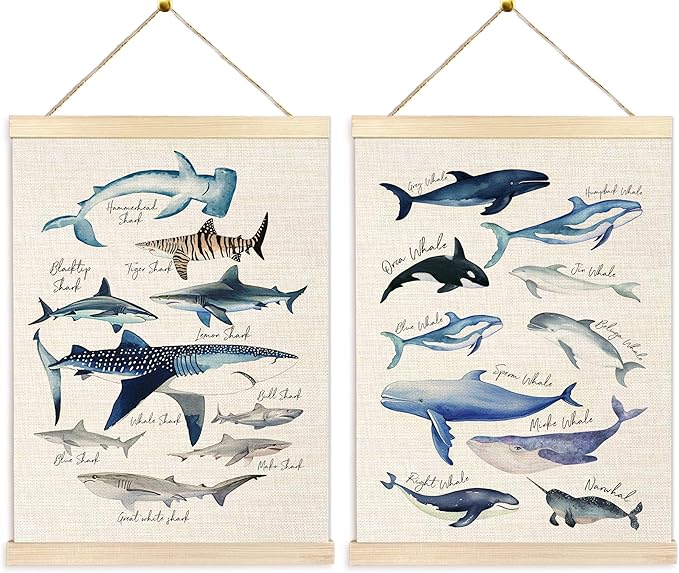 Ecezatik Whale Wall Art Set of 2, Whale Posters, Hanging Wall Art Decor for Classroom, Nursery, Kids Room, Playroom, Beach, Ocean Room Decor, 12x16 Inch