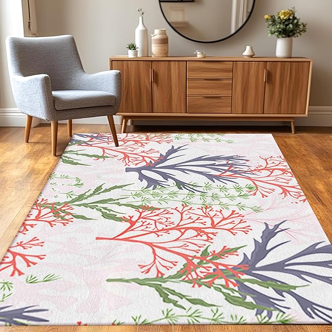 Sea World Rug,5x7ft Sea Turtle Decor,Ocean Pink Coral and Deep Sea Turtle Printed Ocean Theme Marine Flora and Fauna Floor Mat,Non-Slip Washable Rug Living Room Bedroom Kids Room Decorations