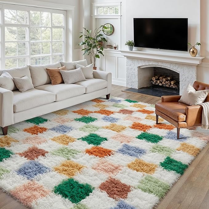 Checkered Rug 9x12 for Living Room, Modern Neutral Shag Rug Washable Non-Slip Large Area Rug Super Soft Indoor Fuzzy Carpet Fluffy Rugs for Bedroom Home Aesthetic Decor