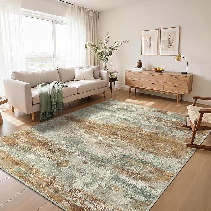 GENIMO Abstract Area Rug 6x9, Washable Large Modern Rug Non Slip, Low Pile Lightweight Soft Carpet for Living Room, Bedroom, Dining Room, Orange Green