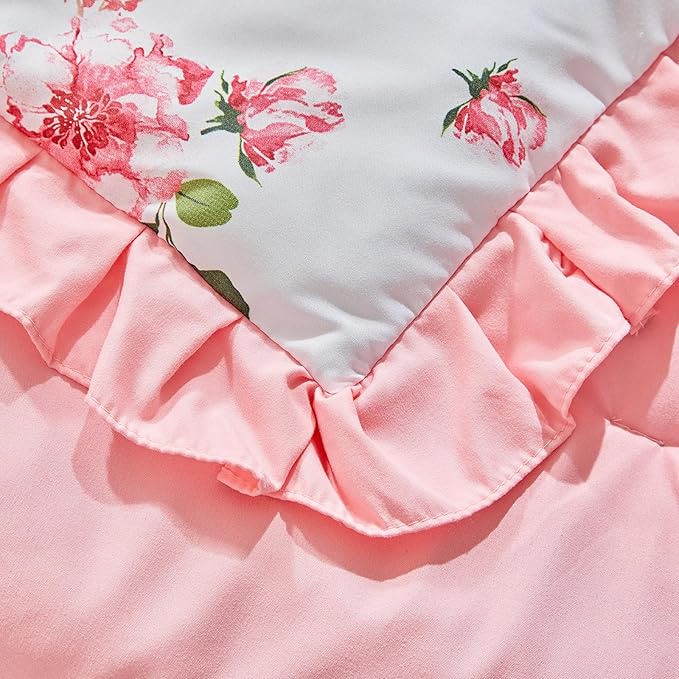 3 Pieces Flowers Crib Bedding Set Baby Ruffled Quilted Comforter with Fitted Sheet and Bed Skirt - Cute Ruffled Shabby Chic Baby Bedding Soft Blanket Floral Design