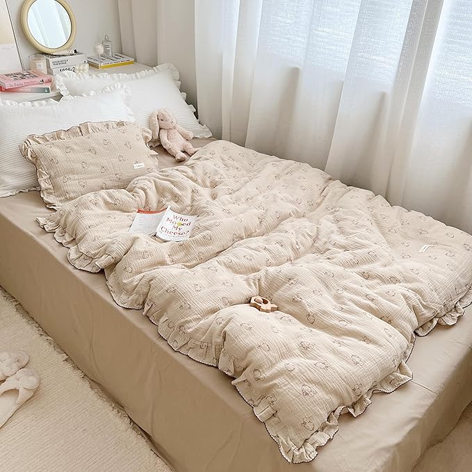 AOJIM Rabbit Muslin Kids Duvet Cover for Girls Boys, 1 Piece Pure Cotton Toddler Bedding Comforter Cover 47X59 inches, 2-Layer Gauze Chic Duvet Cover with Ruffled Edges for Crib, No Comforter Insert