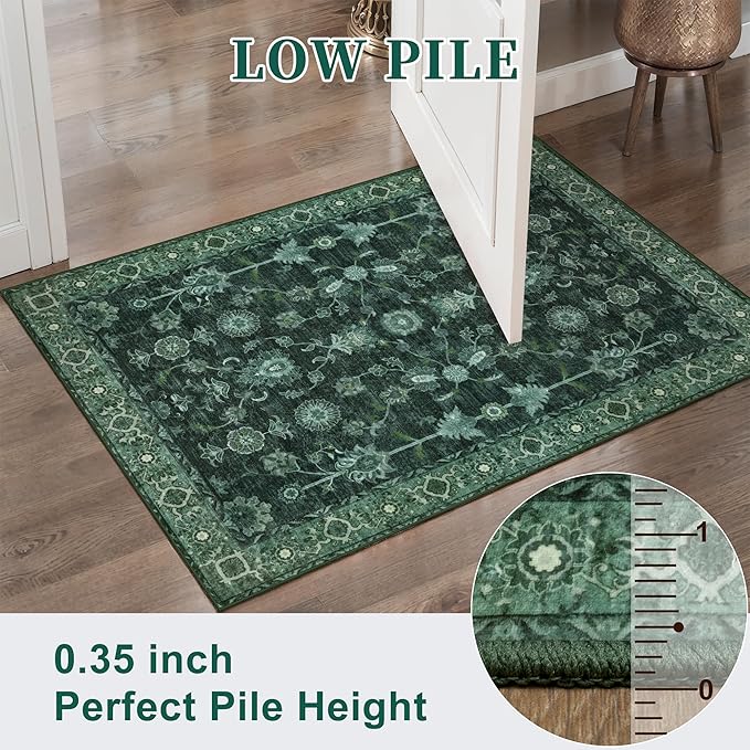 Tangsoo Green 2x6 Runner Rug Non Slip Washable for Kitchen Bathroom, Vintage Floral Boho Rug Runner for Hallway Entryway, Low Pile Carpet Door Mat Indoor Entrance for Bedroom Laundry Pet&Kids Friendly