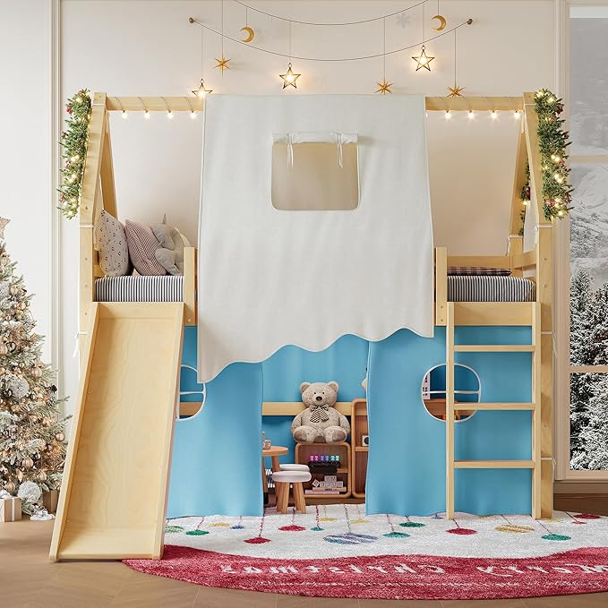 Playhouse Design Twin Size Loft Bed with Slide & Tent, Solid Wood Tent Bed Frame for Kids Boys Girls, Versatile Spacious Under Bed Space, Chic Design with Lights (Natural+Blue-Twin)