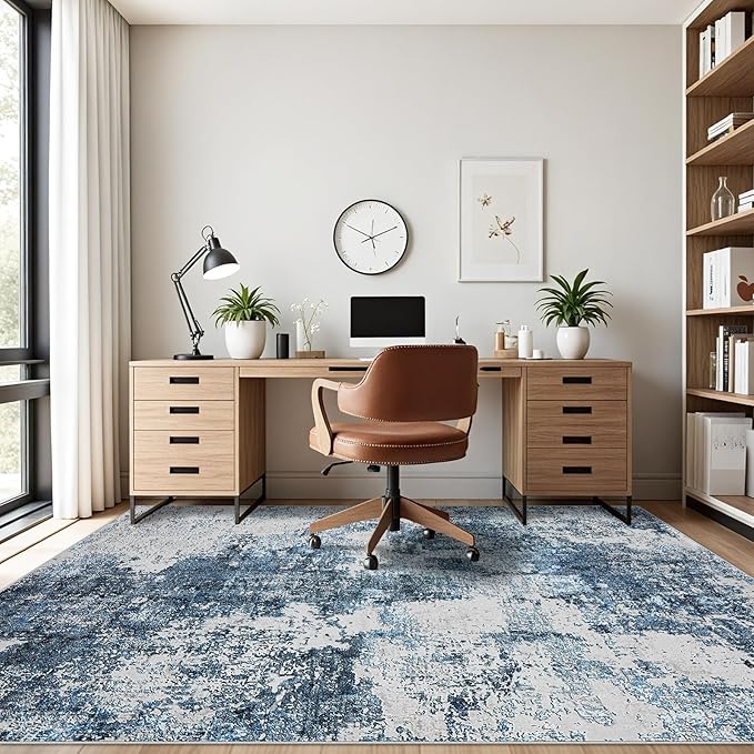 4x6 Rugs for Living Room Bedroom: Soft Washable Rug with Anti-Slip Backing Low Pile Non-Shedding Stain-Resistant Abstract Large Area Rug for Dining Room Nursery Entryway Home Office- Blue