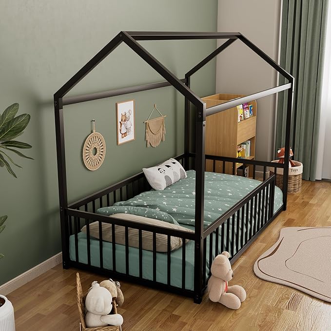 Twin Size Metal Floor Bed Frame,House Shaped Bed with Fence for Kids and Toddlers,Easy Assemble,No Slats,Black