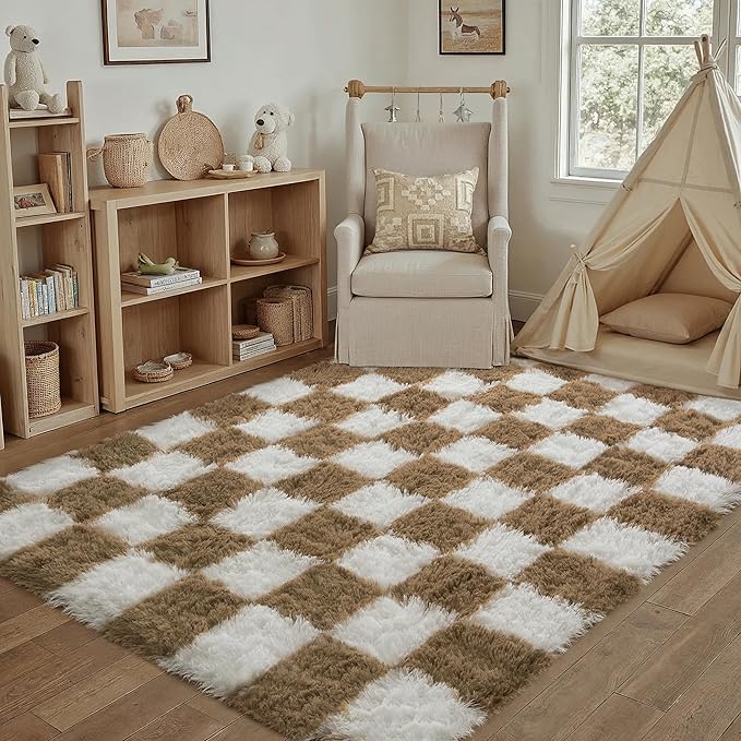 Checkered Rug 3x5 for Living Room, Beige and White Modern Shag Rug Super Soft Washable Indoor Fuzzy Carpet Non-Slip Fluffy Rugs for Bedroom Home Aesthetic Decor