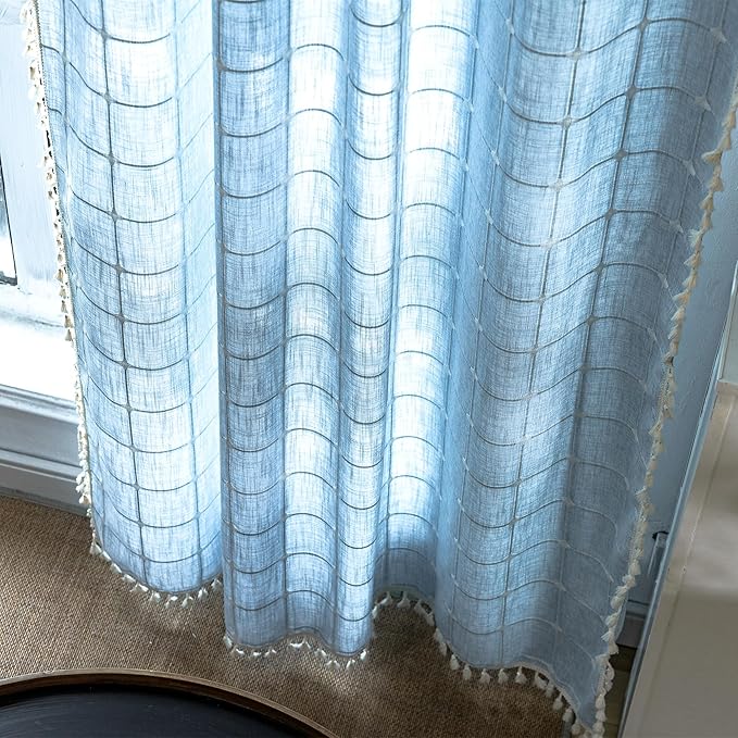 Deeprove Blue Boho Curtain 84 Inches Long for Kid Boy's Bedroom Nursery Room, Cotton Linen Lattice Plaids Embroidery Semi Blackout Bohemian Window Treatment Grids Drape Tassels, 1 Panel W52 x L84