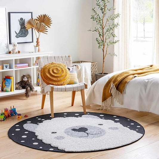 Hauteloom Kids Room, Nursery Round Area Rug - Outdoor Patio Safe - Animal Baby Elephant Playroom Carpet - Beige, Gray, Black, Cream - 7'10"