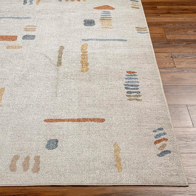 Mark&Day Washable Rugs, 7ft Round Elbing Modern Beige Area Rug, Oatmeal Gray Dark Blue Carpet for Living Room, Bedroom or Kitchen (6'7" Round,Machine Washable)