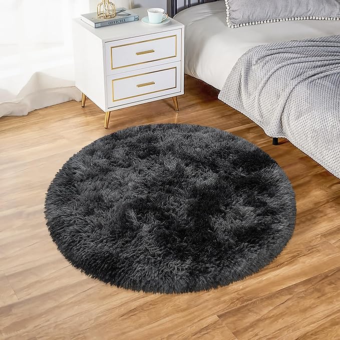 Black Round Rug 3ft Circle Rug Fluffy for Bedroom,Tie Dyed Soft Shaggy Plush Round Carpet for Kids Girls Boys Room Baby Nursery Living Room Playroom Home Décor Washable