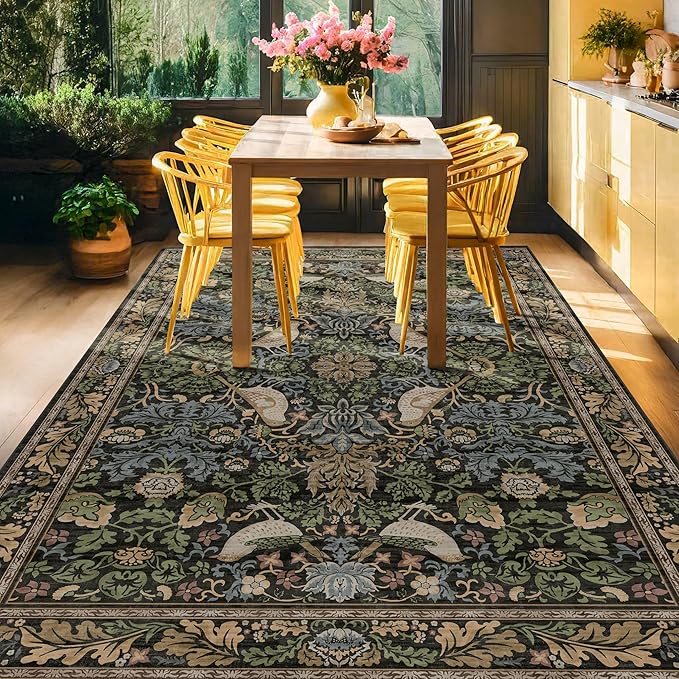 Vintage Floral Area Rug 5x7 for Living Room - Dark Green Forest Bird Rugs for Bedroom, Dinning Room, Office, Non Slip Stain Resistant Low Pile