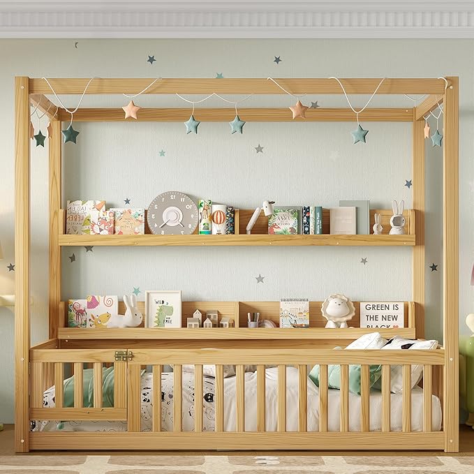 Polibi Twin Size Montessori Floor Bed with Guardrails, Low Profile Solid Wood Canopy Frame with Built-in Shelves, No Box Spring Needed, for Kids, Natural