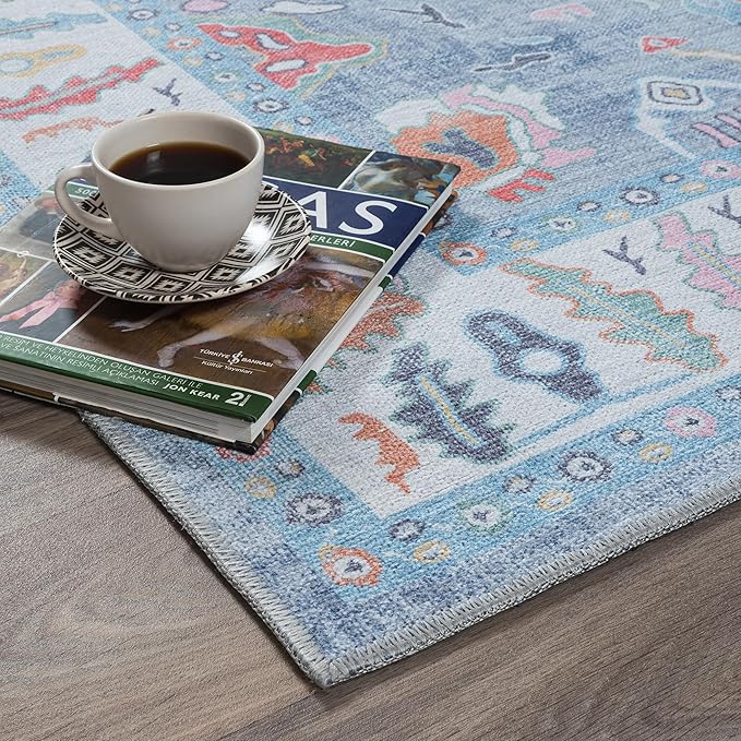 Fame Rugs Blue Modern Oushak Rug 5x7, Washable Vintage Turkish Colorful Oriental Antique Inspired Area Rugs, Luxury Living Room Bedroom (381LB, 5' x 7')