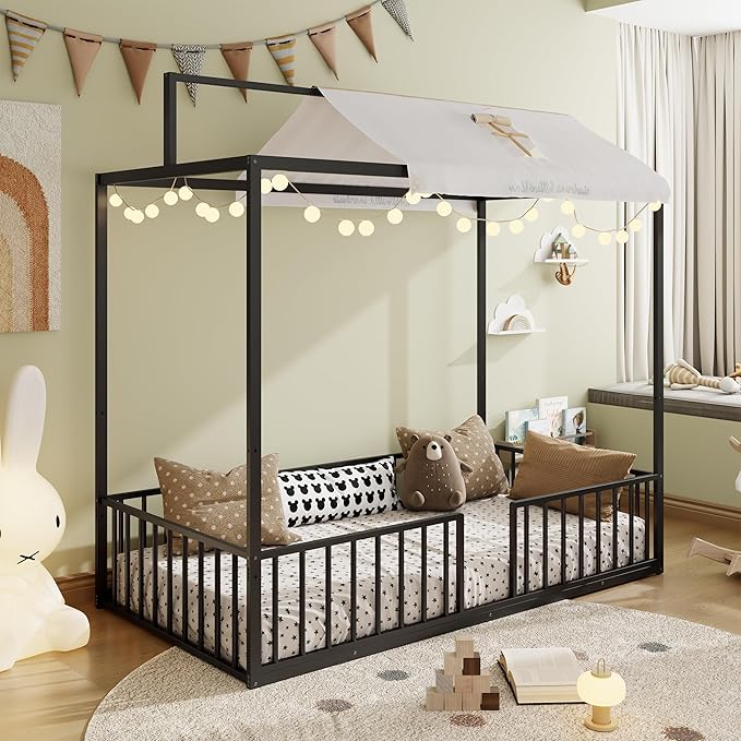Harper & Bright Designs Twin Floor Bed Frame with Canopy and Guardrails, Metal Montessori Floor Bed with High Fence, Canopy Bed for Kids with Sturdy Metal Slats Support, Easy Assembly,Black