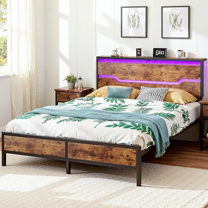 Full Size Bed Frame with LED Lights & Charging Station, Bed Frame Full with Headboard,13" Under Bed Storage, Noise-Free Heavy Duty Metal Support, Modern Brown