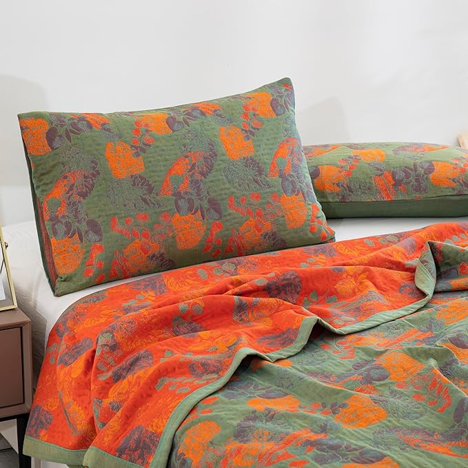 100% Cotton Muslin Blanket Jacquard Ginkgo Leaf Floral Quilt, Soft Bed Cover 3 Layers Lightweight Breathable Gauzy Reversible Bedspread Coverlet Bedding Twin(59"x94"), No Pillow Sham