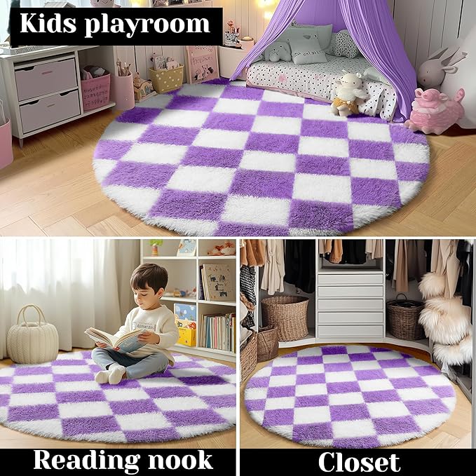 KICMOR Purple Round Rugs 5ft for Girls Bedroom, Fluffy Soft Checkered Circle Area Rug Cute Fuzzy Shag Shaggy Living Room Carpet, Indoor Plush Circular Rug for Kids Room Nursery Home Decor Aesthetic