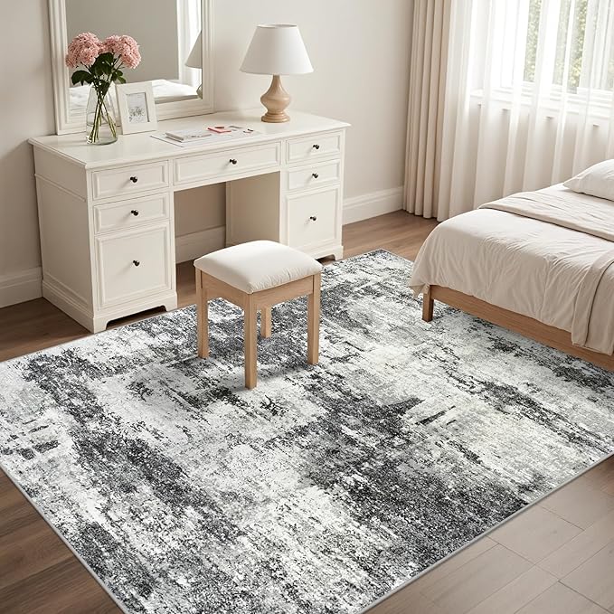 4x6 Rugs for Living Room Bedroom: Soft Washable Rug with Anti-Slip Backing Low Pile Non-Shedding Stain-Resistant Abstract Large Area Rug for Dining Room Nursery Entryway Home Office- Black
