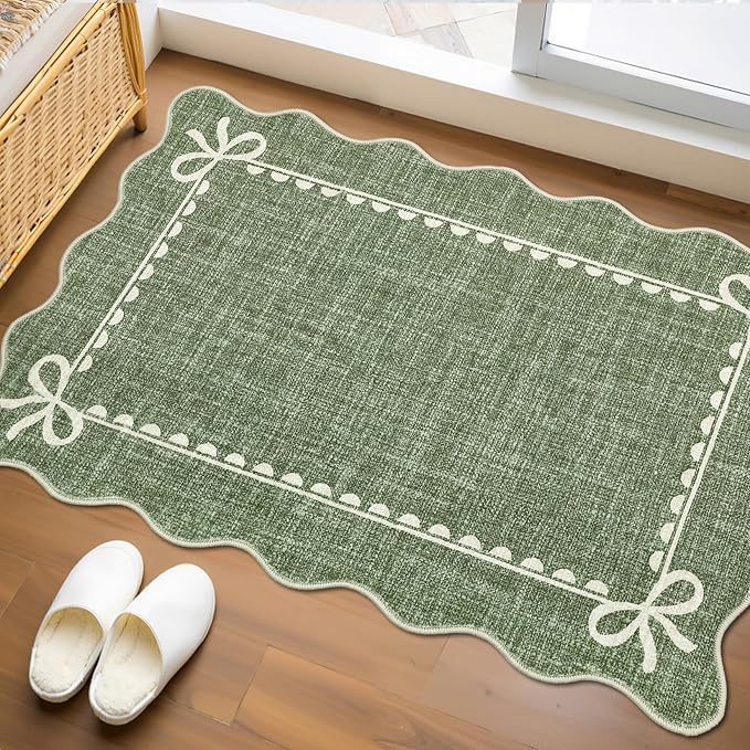 GarveeHome Scalloped Bow Rug for Kitchen Floor, Solid Green Rug for Dorm, Washable Entryway Rugs 2x3 Soft Low Pile Non Slip Scalloped Rugs for Nursery Bedroom Decor Hallway