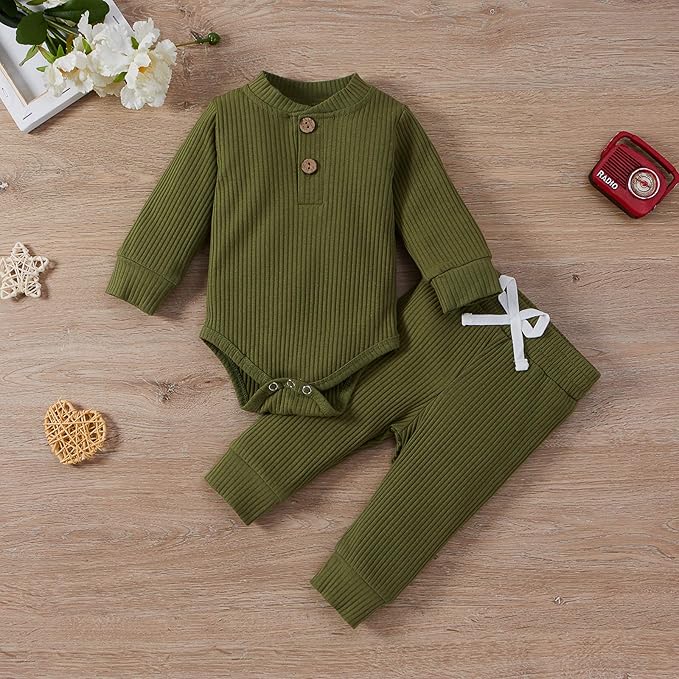 Newborn Baby Boy Girl Clothes Ribbed Knitted Cotton Long Sleeve Romper Long Pants Solid Color Fall Winter Outfits
