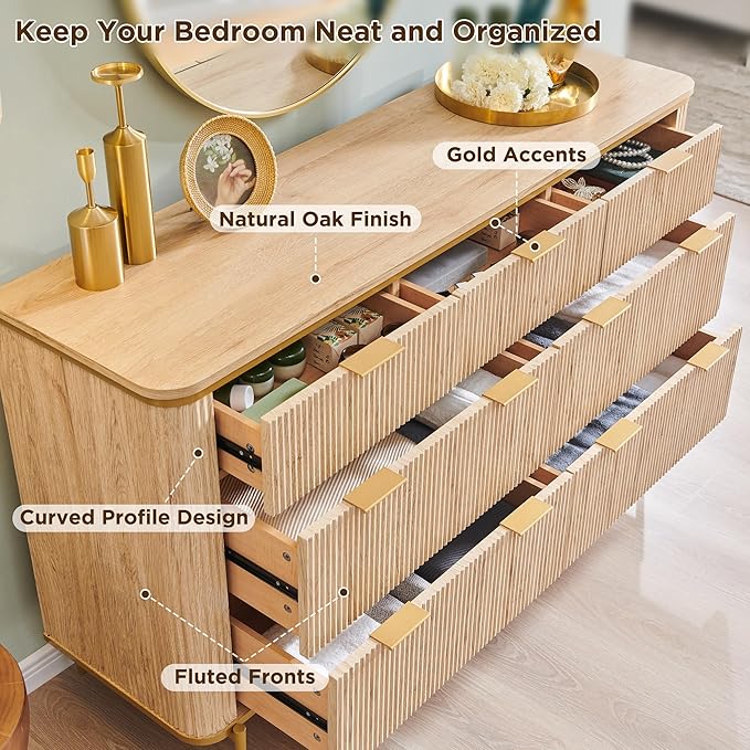 T4TREAM Fluted 7 Drawers Dresser for Bedroom, 54" Wide Modern Dresser TV Stand, Gold Accents, Fluted Fronts, Wood Storage Dressers Organizer for Bedroom, Living Room, Natural Oak