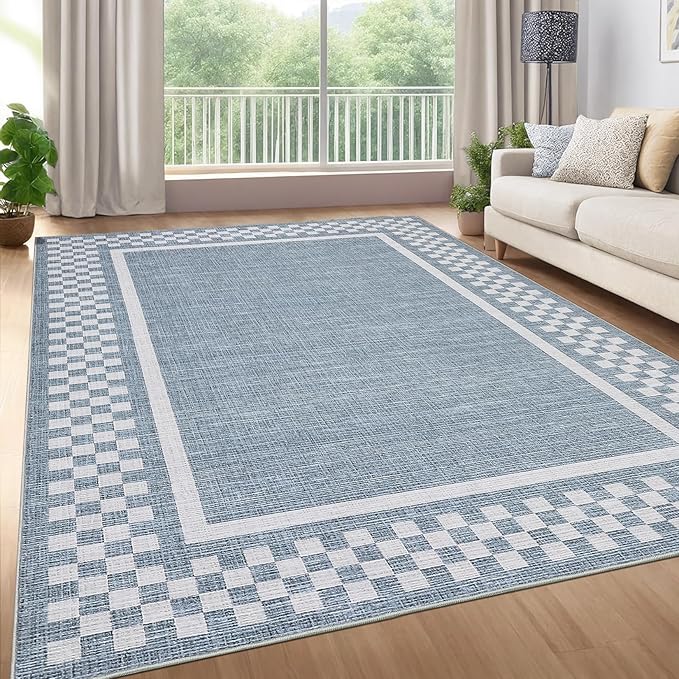 GarveeHome Area Rug 9x12 Living Room Rug Modern Bordered Soft Large Area Rugs for Bedroom Washable Checkered Dining Room Throw Carpet Non Slip Stain Resistant Geometric Rugs for Home Office, Blue