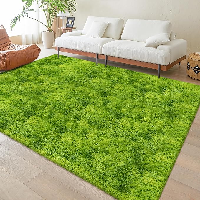 Tie Dyed Grass Green Shag Rug 5x8, Soft Plush Green Fluffy Rug Large Fuzzy Area Carpet for Living Room Bedroom Dorm Nursery Furry Indoor Floor Rug for Kids Girls Boys Home Decor Aesthetic