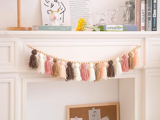 Decocove Tassel Garland - Boho Tassel Garland with Wood Beads - Wall Decor for Dorm, Girls Room and Nursery Room (43 inch) - Blush and Terra Cotta