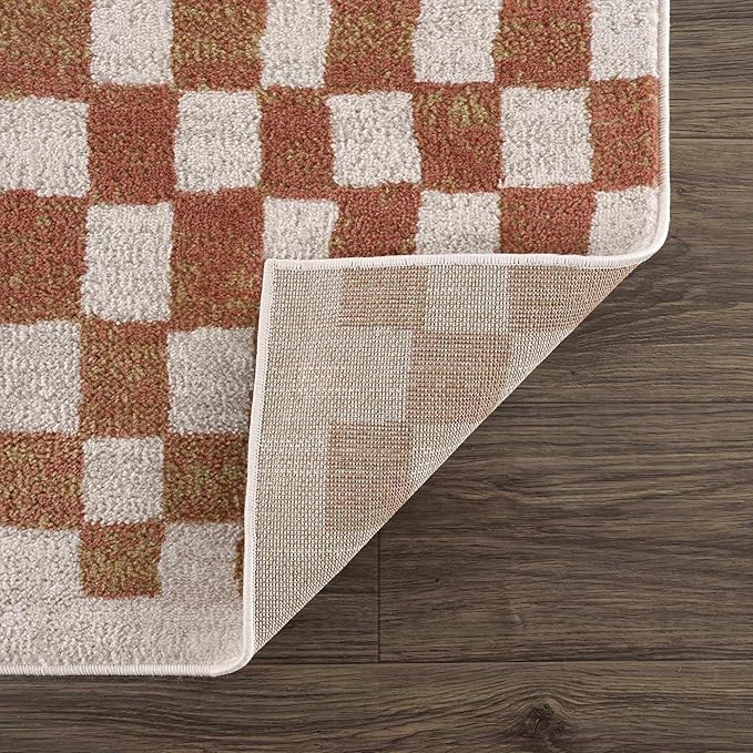 Hauteloom Pertek Modern Checkered Area Rug - Modern Geometric Carpet for Living Room, Kids Room, Nursery - Bohemian Boho Carpet - Cream, Beige, Light Red, Somon - 7'10" x 10'