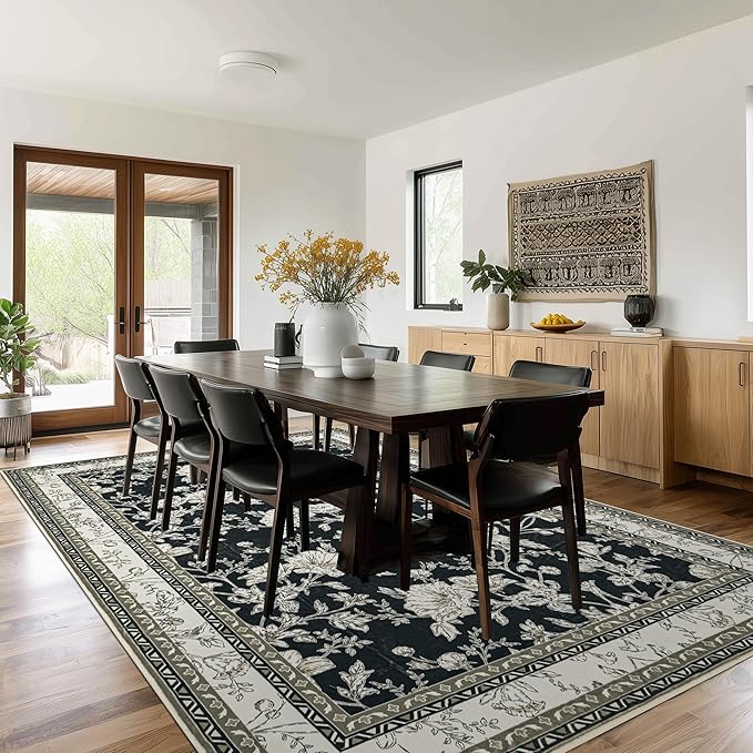 Boho Dining Room Rugs for Under Table 7x9 Washable Black Cream Beige Floral Design Sketch Style Area Rug for Living Room, Low Pile Non-Slip for Bedroom Under Bed Aesthetic Boho Farmhouse Decor