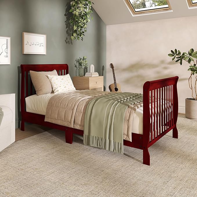 Dream On Me Aden 4-in-1 Convertible Mini Baby Crib in Cherry, GreenGuard Gold & JPMA, Sustainable Pinewood, Non-Toxic Finish, 3 Mattress Heights, Converts to Mini Day & Twin-Size Bed