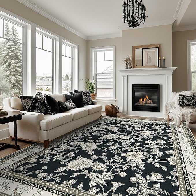 Black Boho Living Room Rug 5x8, Washable Low Pile Non Slip Area Rugs for Bedroom, Dining Room, Office, Farmhouse Retro Carpet Indoor Cream Beige Taupe Pattern Aesthetic Sketch Style Vintag Room Decor