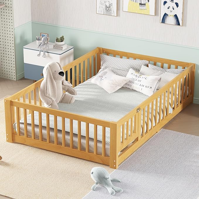 Harper & Bright Designs Full Floor Bed with Safety High Fence, Wood Montessori Bed with Door, Full Size Floor Beds with Solid Wood Support Slats for Boys, Girls, Kids, Natural