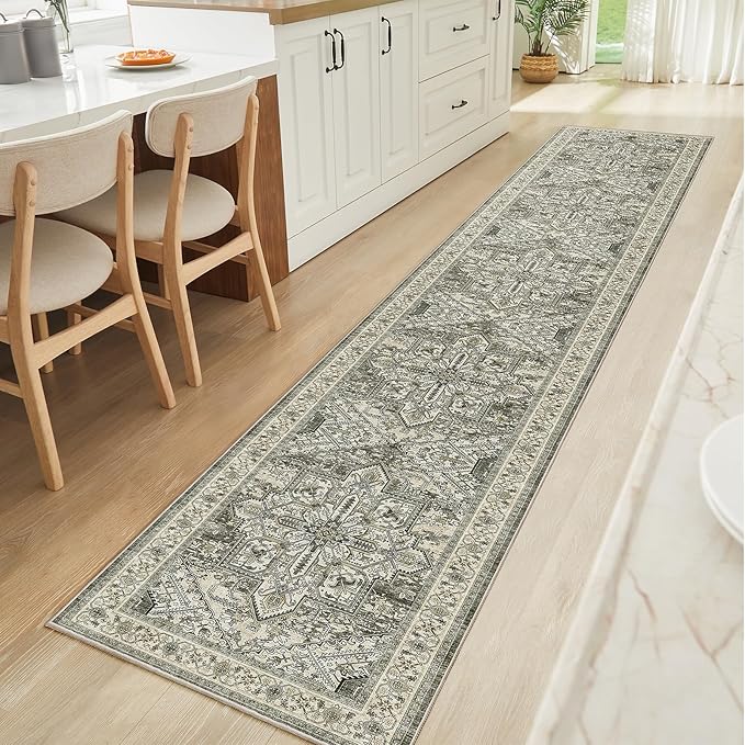 WITSHOCK Extra Long Runner Rug for Hallway 2x12: Washable Vintage Boho Low Pile Stain Resistant Foldable Carpet for Bedroom Kitchen Entryway Indoor Entrance Distressed Farmhouse Decor, Brown/Lvory
