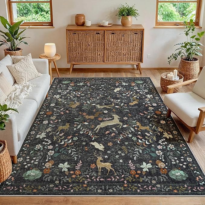5x7 Area Rugs for Living Room Floral Animal Print Carpet Washable Non-Slip Large Rug Low Pile for Indoor Bedroom Dining Room Nursery Home Office Farmhouse Kids Play Room Black
