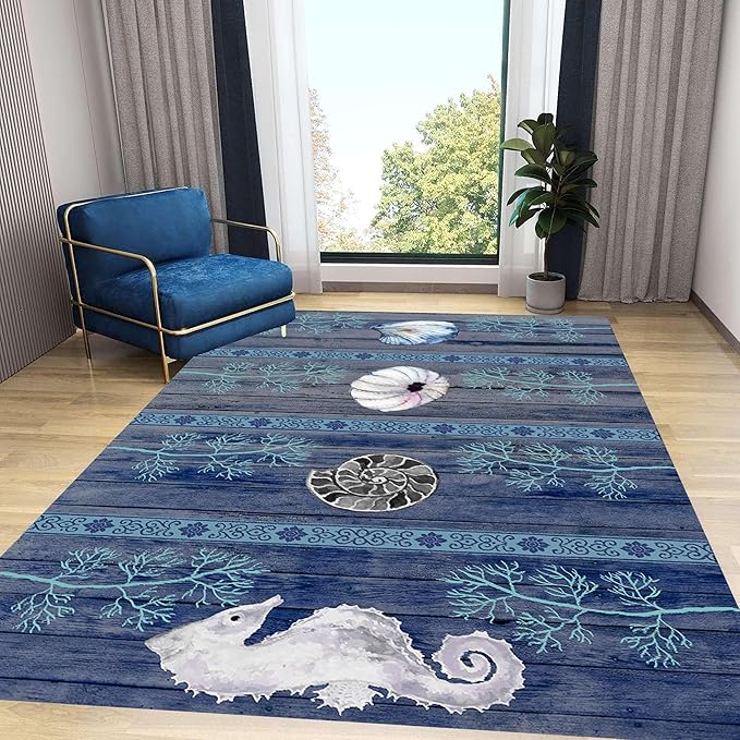 Nautical Living Room Rug, 4x5ft, Ocean Theme Conch Shell Seahorse Indoor Rugs, Beach Waterweed Kitchen Decor Mats, Durable Shed Resistant Cozy Easy Clean Carpet for Bedroom Family