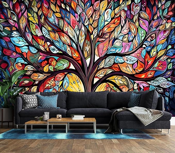 XMPMBM-Vintage Abstraction Art Forest backsplash Large Decorative Wallpaper Colorful Graffiti Tree Bedroom Bathroom Wall Mural- W 88" X H 59"（36 Square Foot）